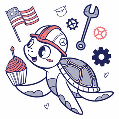 Worker’s Pride colored Swimming turtle with a Surprised touch, placed in a Labor Day theme and styled with holding a cupcake