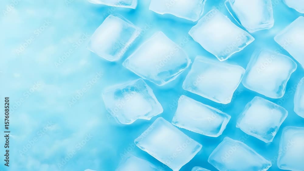 Poster multiple geometric ice cubes scattered across light blue background. translucent rectangular shapes 