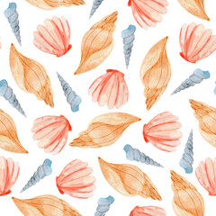 Seamless pattern of a marine bright colors shells. Watercolor hand drawn illustration on white background. For decoration and design.