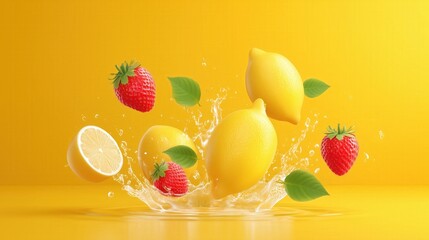 Fresh lemons and strawberries with green leaves splash in clear water against a bright yellow background, symbolizing freshness