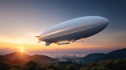A large white airship floats peacefully above misty mountains and a glowing city skyline during a golden sunset