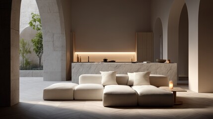 Modern living room with cream sofa, marble counter, warm lighting, and arched walls in a natural, serene atmosphere