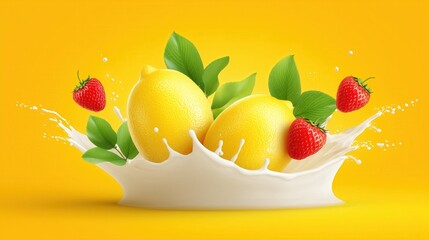 Fresh lemons and strawberries with green leaves splashing in milk on a vibrant yellow background, showcasing bright summer freshness