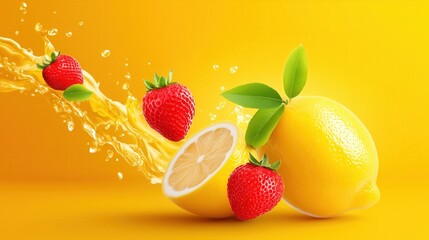 Fresh lemons and strawberries with juice splash and green leaves on a bright yellow background, symbolizing freshness and flavor