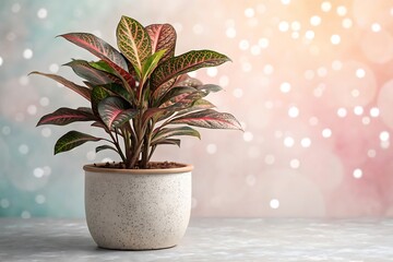 Green and pink foliage plant in speckled pot leaves