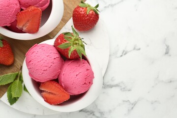 Refreshing sorbet, strawberries and mint on white marble table, flat lay. Space for text