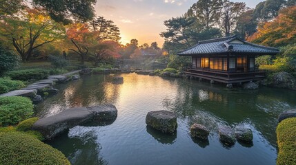 Obraz premium Peaceful Japanese garden pavilion at sunset.