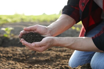 Man holding pile of soil in field, closeup