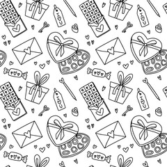 Sweet Valentine day vector seamless pattern. Hand drawn Chocolate candies in heart box, bar of chocolate, envelope, gift box pattern on white background
