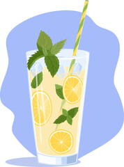 Glass of lemonade with mint, straw and ice cube. Vector Hand drawn lemonade with lemon. Bright cartoon illustration.