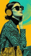 Stylish woman in zebra print outfit with headphones poses against a bright yellow and turquoise background