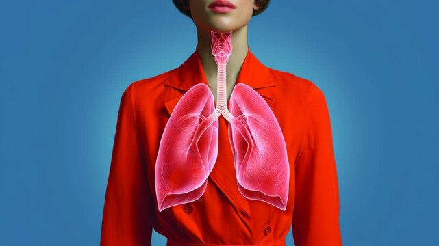 Woman is wearing a red jacket and standing in front of a blue background. The image is of a woman's lungs, which are pink and outlined in red. Concept of health and vitality