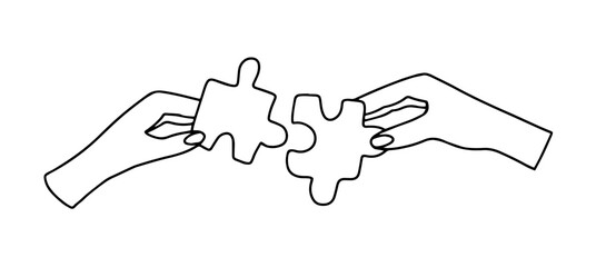 Hands connect puzzle pieces vector doodle illustration