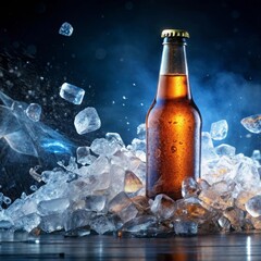 Beer bottle dramatically breaking through thick ice with flying sharp fragments, explosive refreshment, explosive action shot perfect for bold beverage advertising