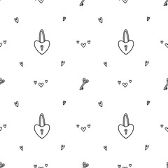 Heart Shaped Lock and Key vector doodle seamless pattern
