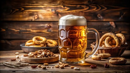 Vintage beer mug filled with foamy amber ale beside pretzels and peanuts on rustic wooden table, classic bar setting, classic pub vibe perfect for breweries and gastropub marketing