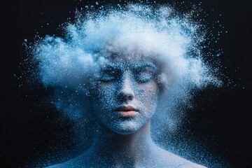 Symbolic abstraction of a serene figure enveloped in a cloud of vibrant blue particles against a dark background