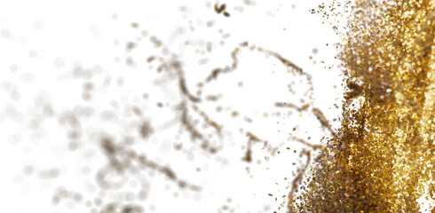 Abstract gold glitter particles burst. Festive, luxury texture. Ideal for celebrations, events, and branding.