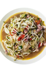 Top View Spicy Indonesian Stir fried Bean Sprouts with Squid and Tofu
