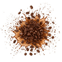 Coffee beans with splash flying through the air isolated on white or transparent background. PNG format.