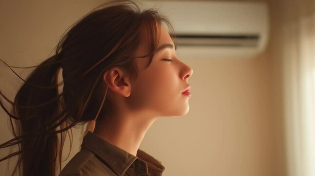 Relaxed young woman enjoying cool air from wall-mounted air conditioner at home