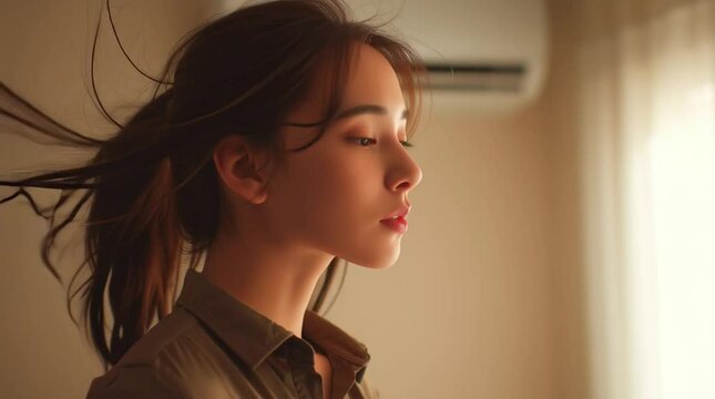 Peaceful young woman with closed eyes enjoying cool breeze from air conditioner