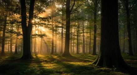 Obraz premium Serene Forest Scene with Sunlight Filtering Through Trees