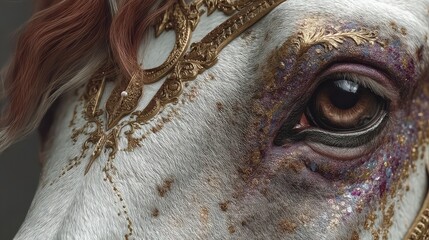 Detailed close-up of a decorated white horse featuring ornate accessories and a striking eye expression