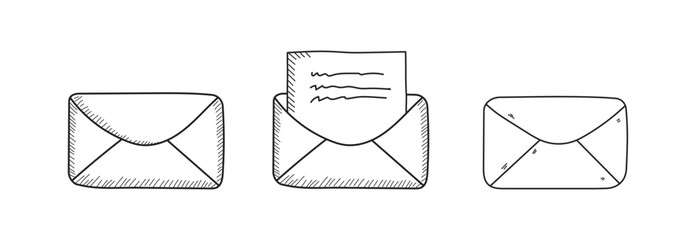 Hand-drawn envelope and mail icon set illustration.