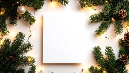 White card surrounded by Christmas greenery and lights