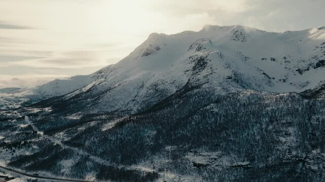 Snowscape Mountains During Sunrise Near Lodingen In Hinnoya Island, Nordland County In Norway.