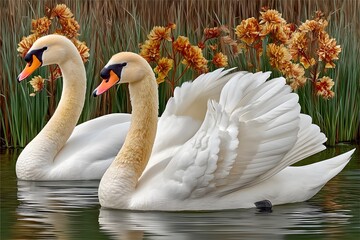 Graceful swan pair gliding through still water high resolution photo