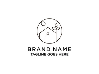 creative linear symbol house with leaves and sun logo, vector illustration, isolated on transparent background