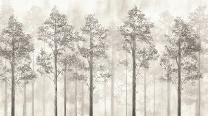 Misty Forest Landscape Featuring Tall Trees With Delicate Branches and Leaves in Serene Gray Tones