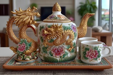 Handcrafted dragon motif porcelain teapot in red high resolution photos