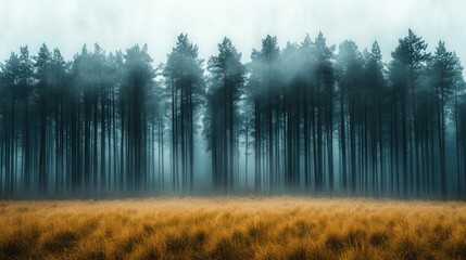 Mystic Summer Landscape in Sweden Featuring a Grass Field Adjacent to a Fog-Laden Forest