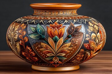Handcrafted tribal art vase with flower patterns high resolution picture