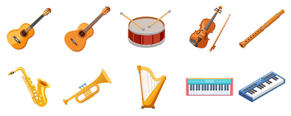 Set vector illustration of musical instruments including guitar, drum, violin, flute, saxophone, trumpet, harp, and keyboard. For music education, concert posters.