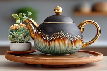 Handmade clay teapot with floral pattern high resolution photos