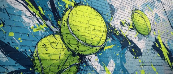 Vibrant Mural Illustration Showcasing Dynamic Tennis Ball Movement on Vibrant Urban Wall in a Lively Sports Setting