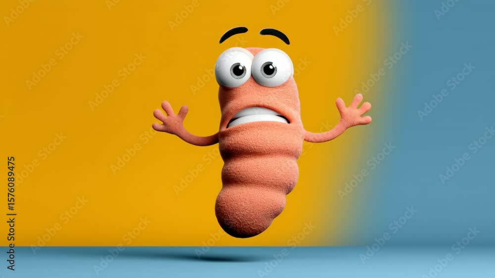 Poster cartoonish looking creature with a surprised expression is jumping in the air. the image has a playf