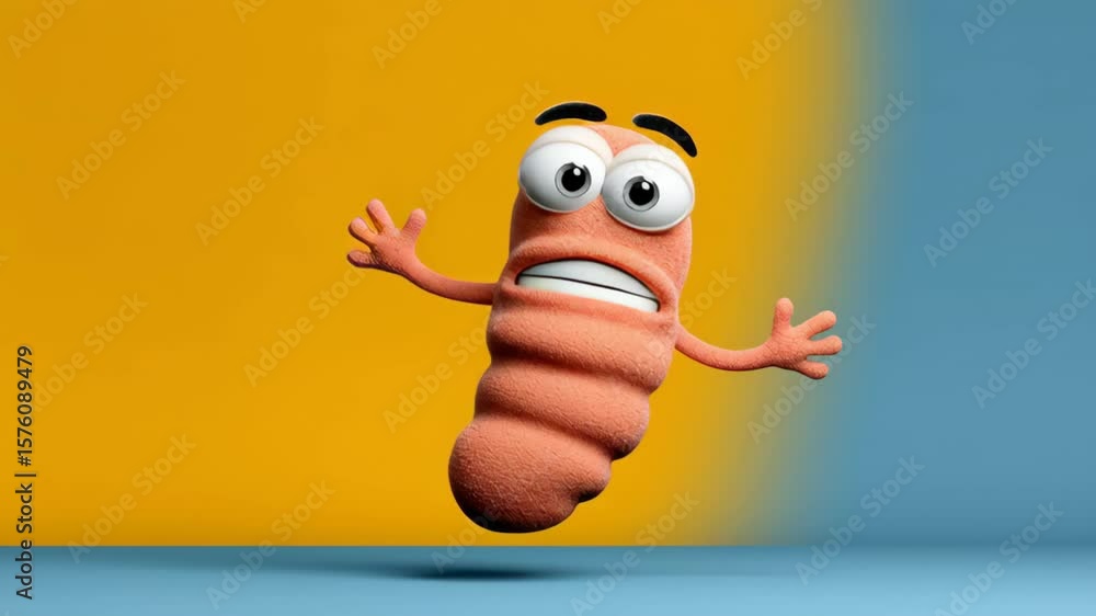 Poster cartoonish looking creature with a surprised expression is jumping in the air. the image has a playf