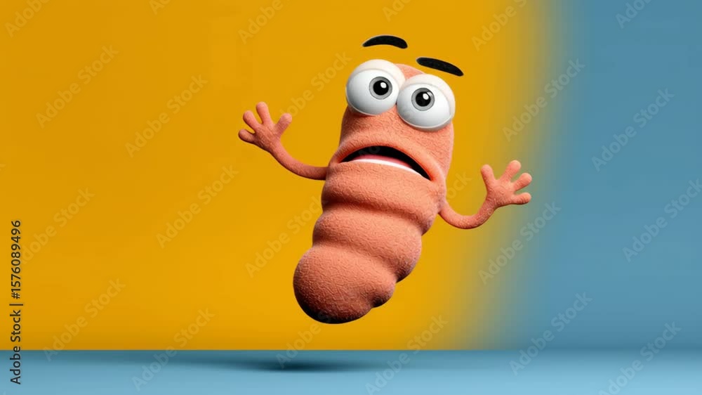 Poster cartoonish looking creature with a surprised expression is floating in the air. the image has a play