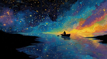 Exploration of Self on a Cosmic River With Vibrant Colors and a Reflective Starry Landscape