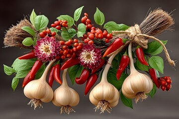 Hanging chili garlic garland with flowers high resolution picture