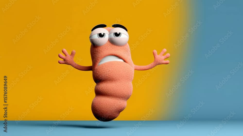 Poster cartoon character with a surprised expression is jumping in the air. the character is a large, red, 