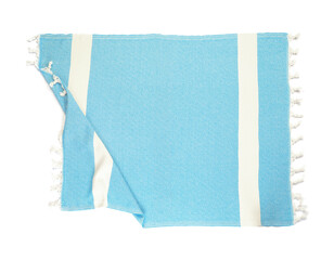 One blue beach towel isolated on white, top view