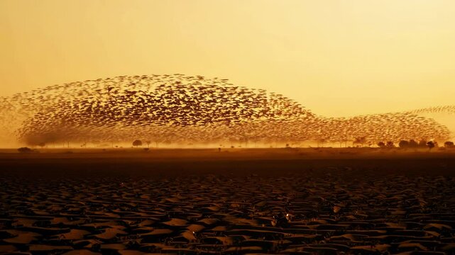 Massive starling murmuration creates spectacular swirling patterns over dark landscape at golden sunset with thousands of birds forming dynamic cloud-like formations against warm sky