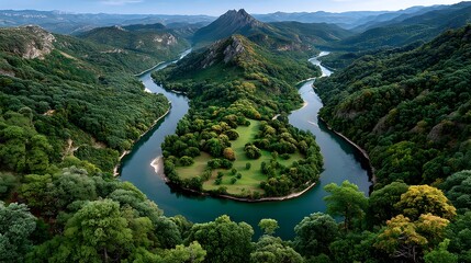 Green mountain river surrounding scenic island landscape high resolution picture