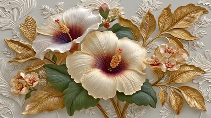 Hibiscus and golden leaves embossed pattern high resolution photos